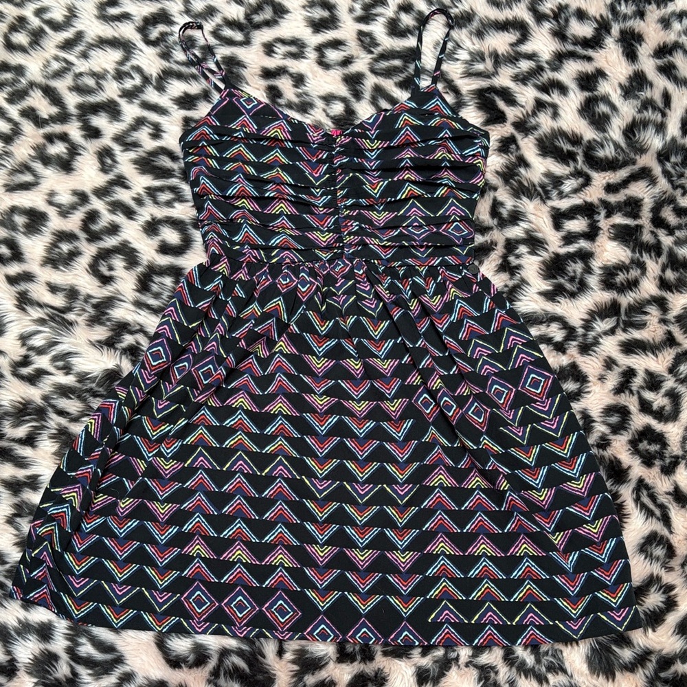 Roxy Fully Adj Spaghetti Strap Black Dress with Colorful Geometric Pattern